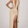 Navina Soft-Jersey Plunge Halterneck Maxi Dress in Champagne