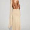 Navina Soft-Jersey Plunge Halterneck Maxi Dress in Champagne