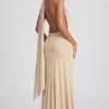 Navina Soft-Jersey Plunge Halterneck Maxi Dress in Champagne