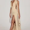 Navina Soft-Jersey Plunge Halterneck Maxi Dress in Champagne