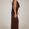 Navina Soft-Jersey Plunge Halterneck Maxi Dress in Chocolate Brown