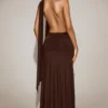 Navina Soft-Jersey Plunge Halterneck Maxi Dress in Chocolate Brown
