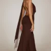 Navina Soft-Jersey Plunge Halterneck Maxi Dress in Chocolate Brown