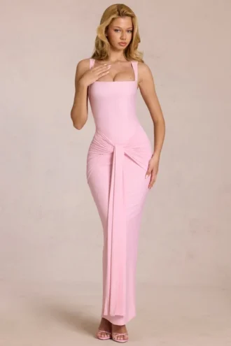 Nayeli Square-Neck Tie-Gather Maxi Dress in Blossom Pink