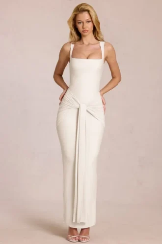 Nayeli Square-Neck Tie-Gather Maxi Dress in Ivory