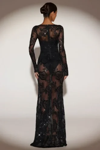 Nazara Sheer Embellished Bodysuit Corset Gown Dress in Black