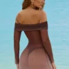 Nemba Sheer Off-Shoulder Mini Dress in Chocolate Brown