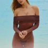 Nemba Sheer Off-Shoulder Mini Dress in Chocolate Brown