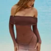 Nemba Sheer Off-Shoulder Mini Dress in Chocolate Brown