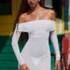 Nemba Sheer Off-Shoulder Mini Dress in White