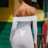 Nemba Sheer Off-Shoulder Mini Dress in White