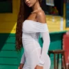 Nemba Sheer Off-Shoulder Mini Dress in White