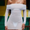 Nemba Sheer Off-Shoulder Mini Dress in White