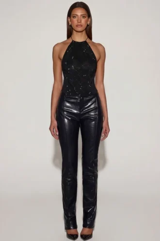 Nemyra Faux Croc-Leather Straight-Leg Trousers in Black