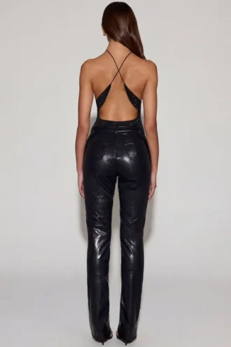 Nemyra Faux Croc-Leather Straight-Leg Trousers in Black