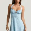 Nerine Halterneck A-Line Mini Dress in Blue Flower Print