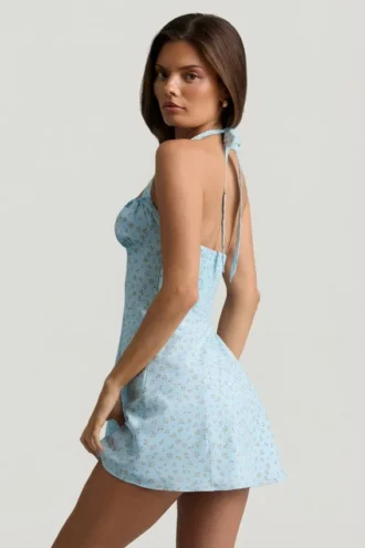 Nerine Halterneck A-Line Mini Dress in Blue Flower Print