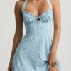 Nerine Halterneck A-Line Mini Dress in Blue Flower Print