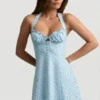 Nerine Halterneck A-Line Mini Dress in Blue Flower Print