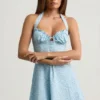 Nerine Halterneck A-Line Mini Dress in Blue Flower Print