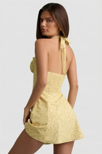 Nerine Halterneck A-Line Mini Dress in Yellow Flower Print
