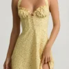 Nerine Halterneck A-Line Mini Dress in Yellow Flower Print