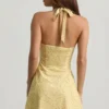 Nerine Halterneck A-Line Mini Dress in Yellow Flower Print