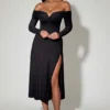 Nerissa Off-Shoulder Lace-Up A-Line Midaxi Dress in Black