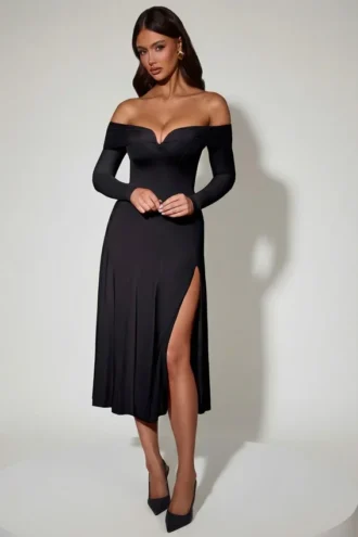 Nerissa Off-Shoulder Lace-Up A-Line Midaxi Dress in Black