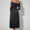Nerissa Off-Shoulder Lace-Up A-Line Midaxi Dress in Black