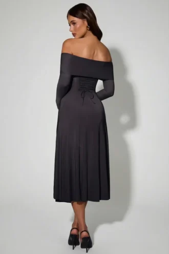 Nerissa Off-Shoulder Lace-Up A-Line Midaxi Dress in Black
