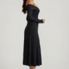 Nerissa Off-Shoulder Lace-Up A-Line Midaxi Dress in Black
