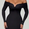 Nerissa Off-Shoulder Lace-Up A-Line Midaxi Dress in Black