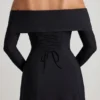 Nerissa Off-Shoulder Lace-Up A-Line Midaxi Dress in Black