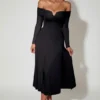 Nerissa Off-Shoulder Lace-Up A-Line Midaxi Dress in Black