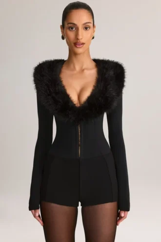Nesta Faux Fur-Trim Corset Playsuit in Black