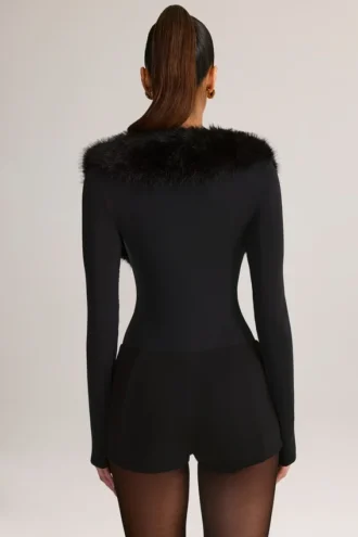 Nesta Faux Fur-Trim Corset Playsuit in Black