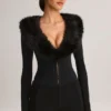 Nesta Faux Fur-Trim Corset Playsuit in Black