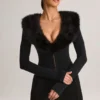 Nesta Faux Fur-Trim Corset Playsuit in Black