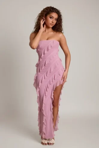 Nevali Bandeau Ruffle Detail Maxi Dress in Dusty Pink