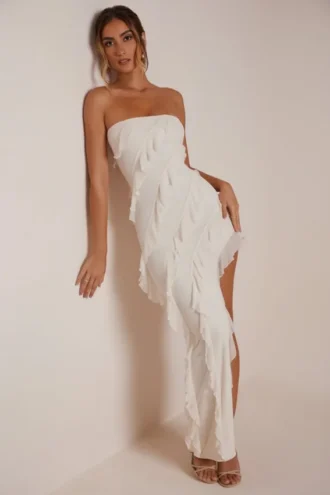 Nevali Bandeau Ruffle Detail Maxi Dress in Ivory