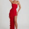 Nevali Bandeau Ruffle Detail Maxi Dress in Red