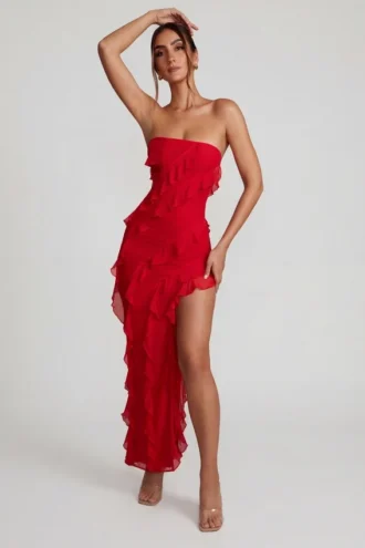 Nevali Bandeau Ruffle Detail Maxi Dress in Red