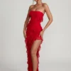 Nevali Bandeau Ruffle Detail Maxi Dress in Red