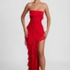 Nevali Bandeau Ruffle Detail Maxi Dress in Red