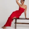 Nevali Bandeau Ruffle Detail Maxi Dress in Red
