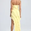 Nevali Bandeau Ruffle-Trim Maxi Dress in Lemon Sherbet