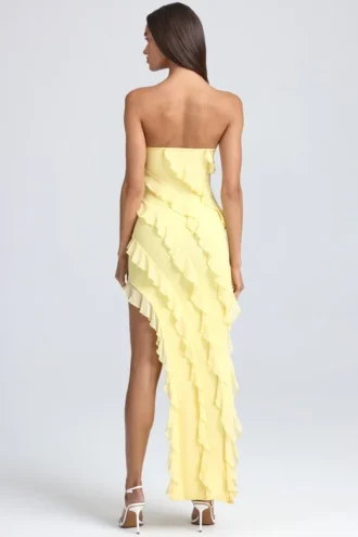 Nevali Bandeau Ruffle-Trim Maxi Dress in Lemon Sherbet