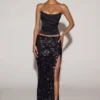 Nevara Embellished Mid-Rise Thigh-Split Maxi Skirt in Black Purple