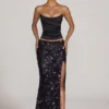 Nevara Embellished Mid-Rise Thigh-Split Maxi Skirt in Black Purple